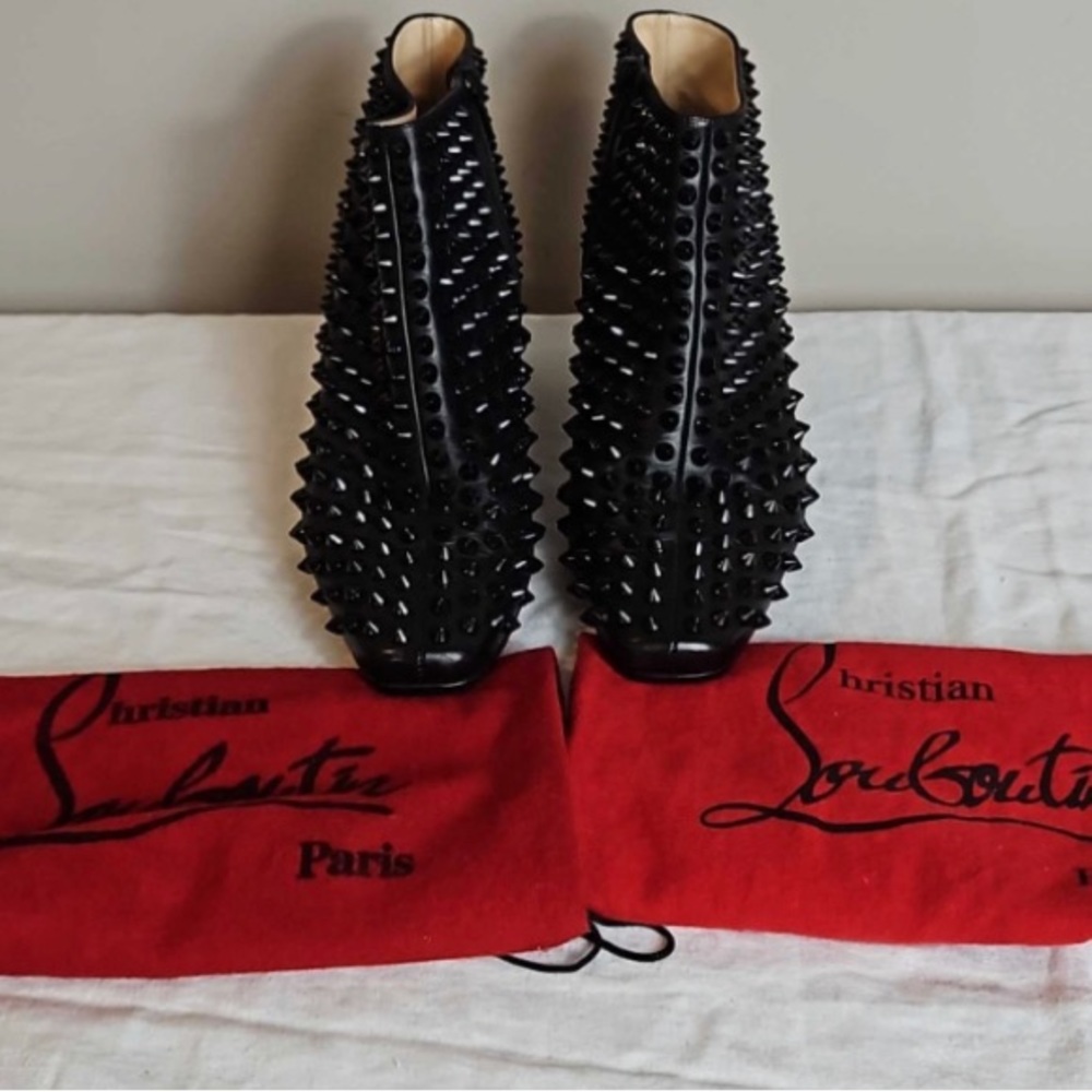 Christian Louboutin Black Spike Stud Embellishment Mid Heel Ankle Boot